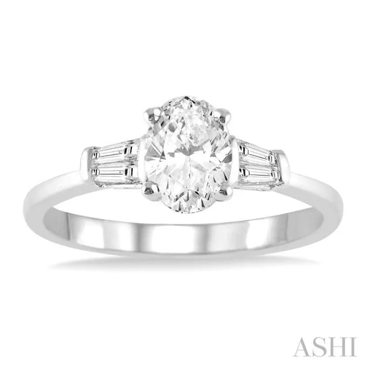 1/2 ctw Baguette and Oval Cut Diamond Ladies Engagement Ring with 1/3 Ct Oval Cut Center Stone in 14K White Gold