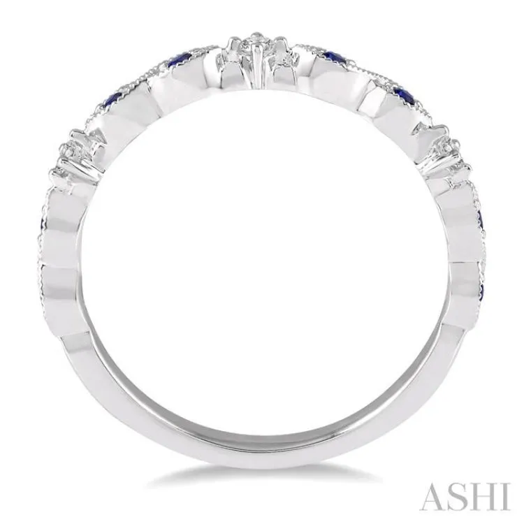 1.25 MM Round Cut Blue Sapphire and 1/20 Ctw Round Cut Diamond Half Eternity Wedding Band in 14K White Gold