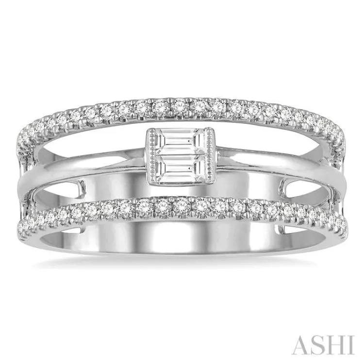 1/3 ctw Three Row Layered Baguette & Round  Diamond Fashion Ring in 14K White Gold