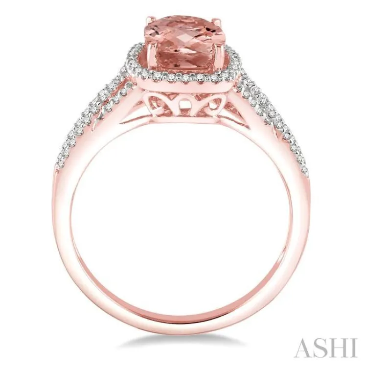 1/4 Ctw Round Cut Diamond and 8x6mm Cushion Cut Morganite Semi Precious Ring in 14K Rose Gold