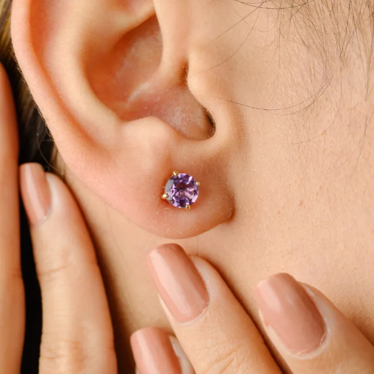 14k Gold Round Amethyst Studs