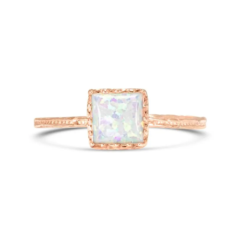 14K Rose Gold Square White Opal 5X5mm Ring