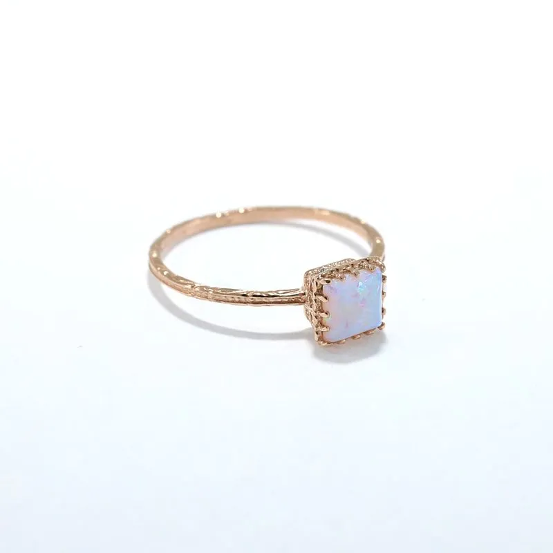 14K Rose Gold Square White Opal 5X5mm Ring