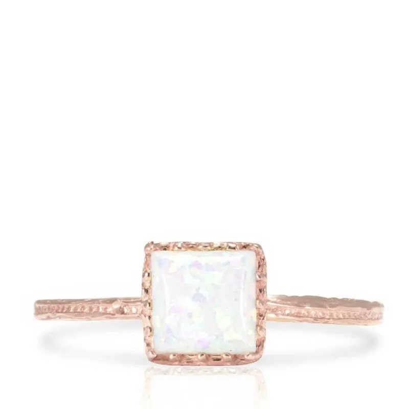 14K Rose Gold Square White Opal 5X5mm Ring