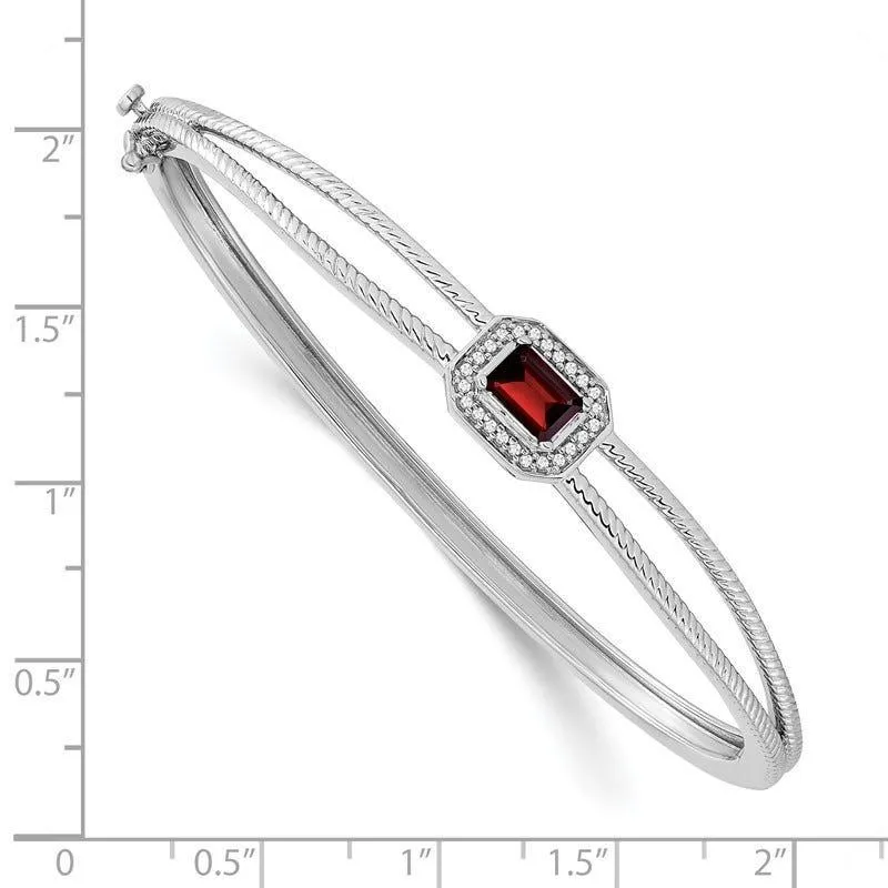 14k White Gold Emerald-shape Garnet and Diamond Halo Bangle