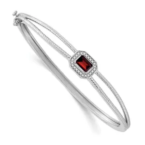 14k White Gold Emerald-shape Garnet and Diamond Halo Bangle