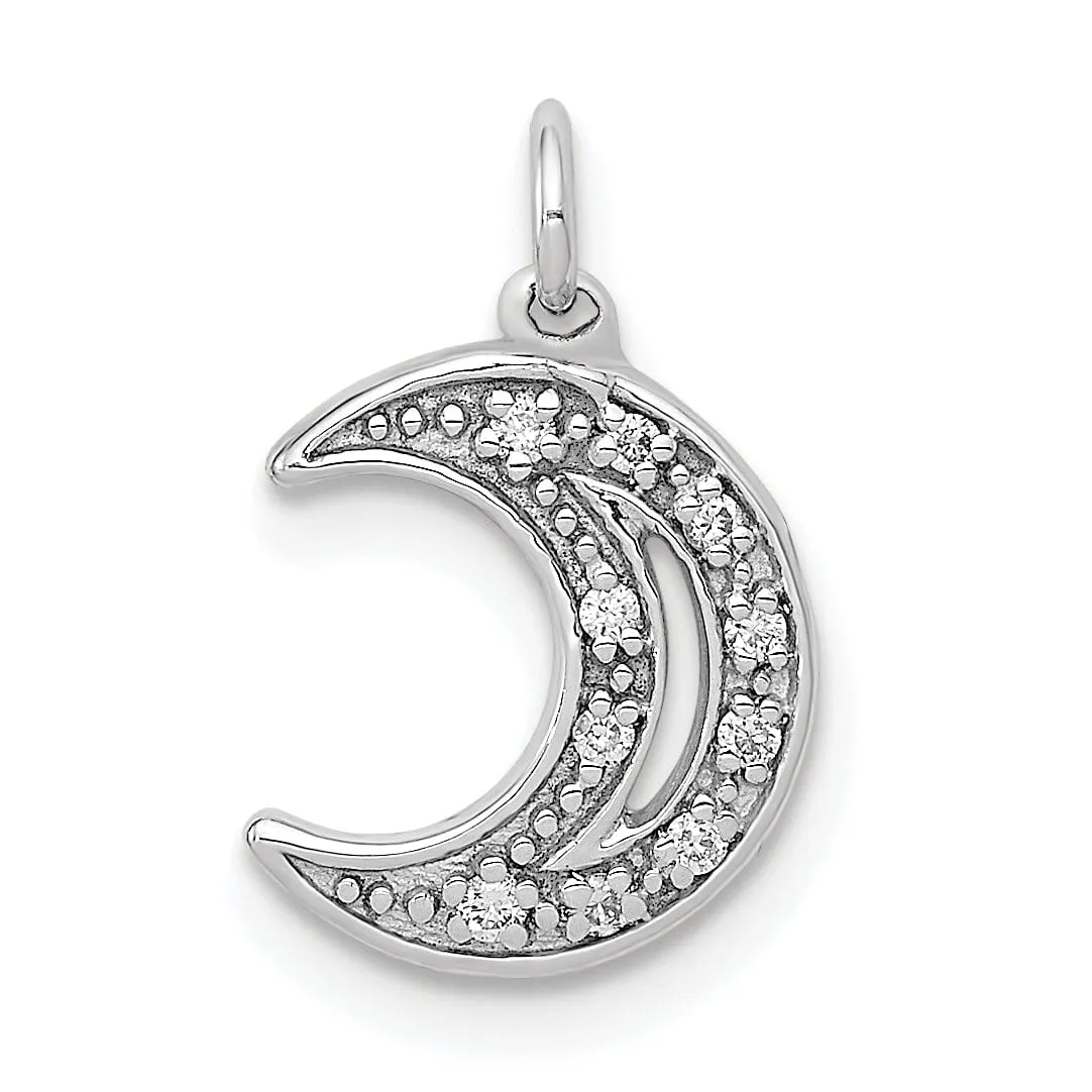 14k White Gold Open Back Polished Finish 0.05-CT Diamond Moon Charm Design Pendant