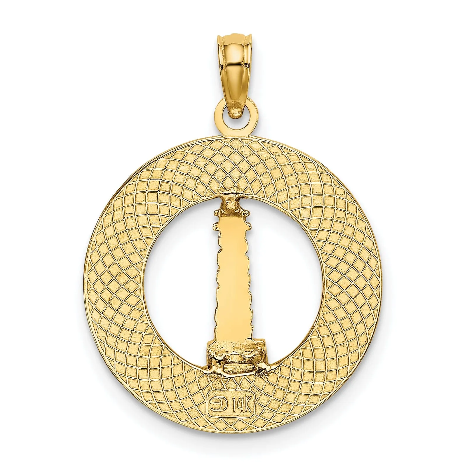 14K Yellow Gold Polished Textured Finish MYSTIC CT Lighthouse in Circle Design Charm Pendant