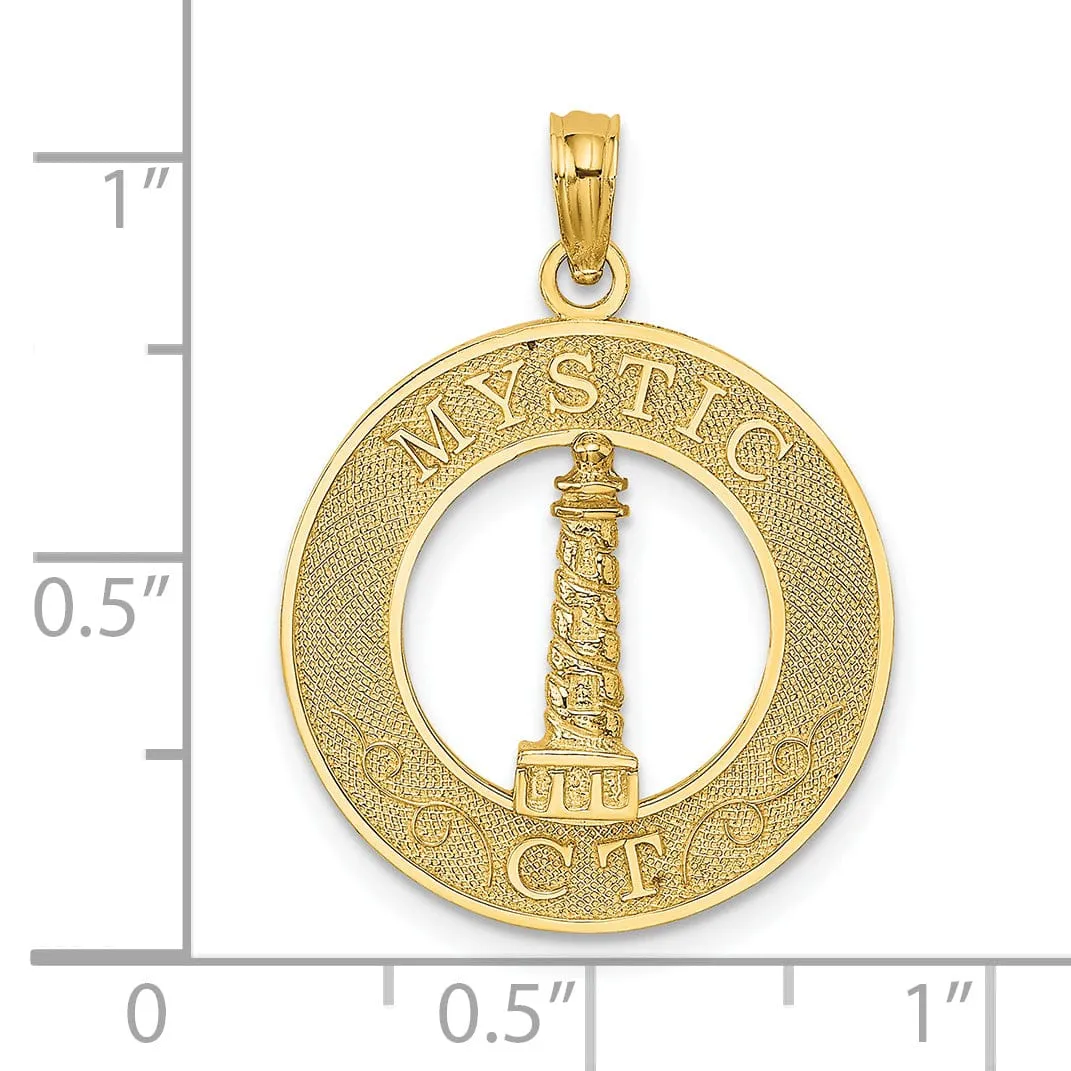 14K Yellow Gold Polished Textured Finish MYSTIC CT Lighthouse in Circle Design Charm Pendant