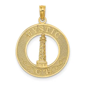 14K Yellow Gold Polished Textured Finish MYSTIC CT Lighthouse in Circle Design Charm Pendant