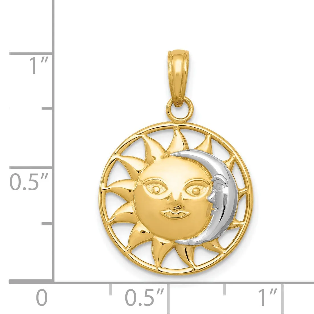 14k Yellow Gold White Rhodium Solid Textured Polished Finish Sun and Moon Design Charm Pendant