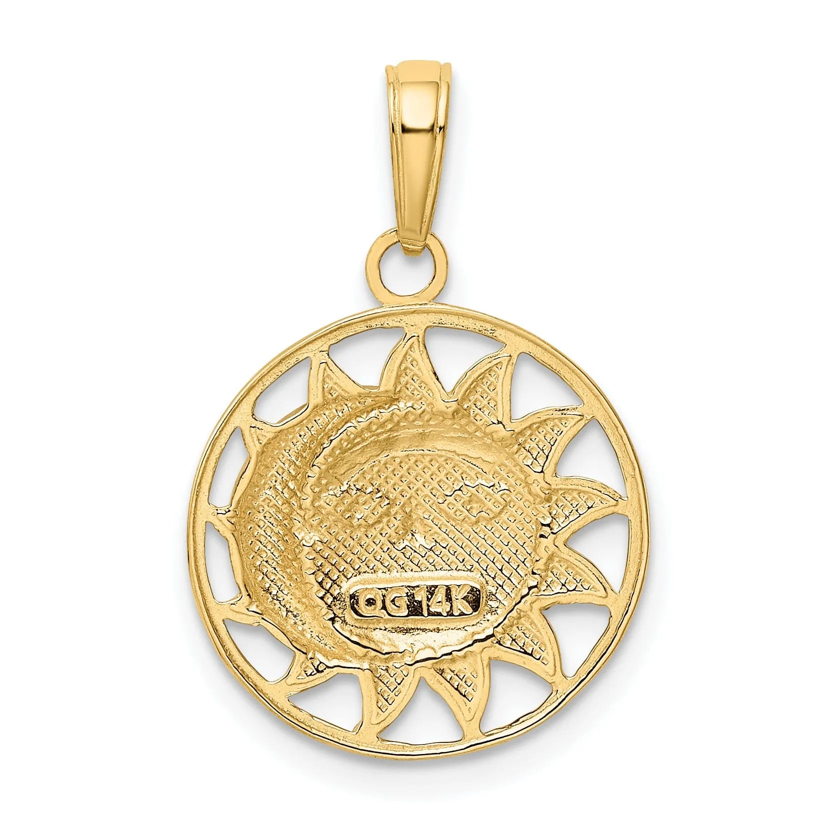 14k Yellow Gold White Rhodium Solid Textured Polished Finish Sun and Moon Design Charm Pendant