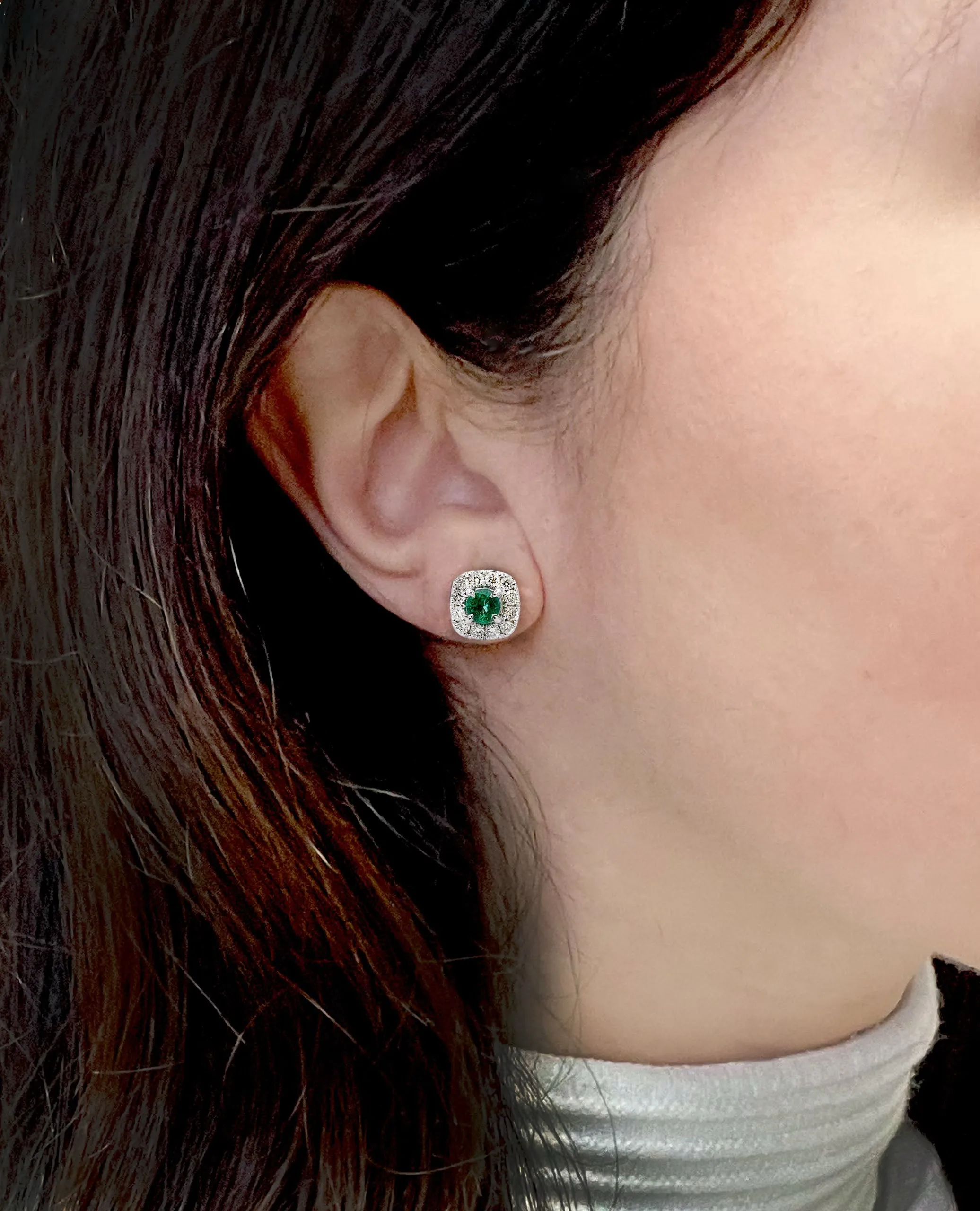 18K White Gold Halo Style Earrings with Emeralds and Diamonds