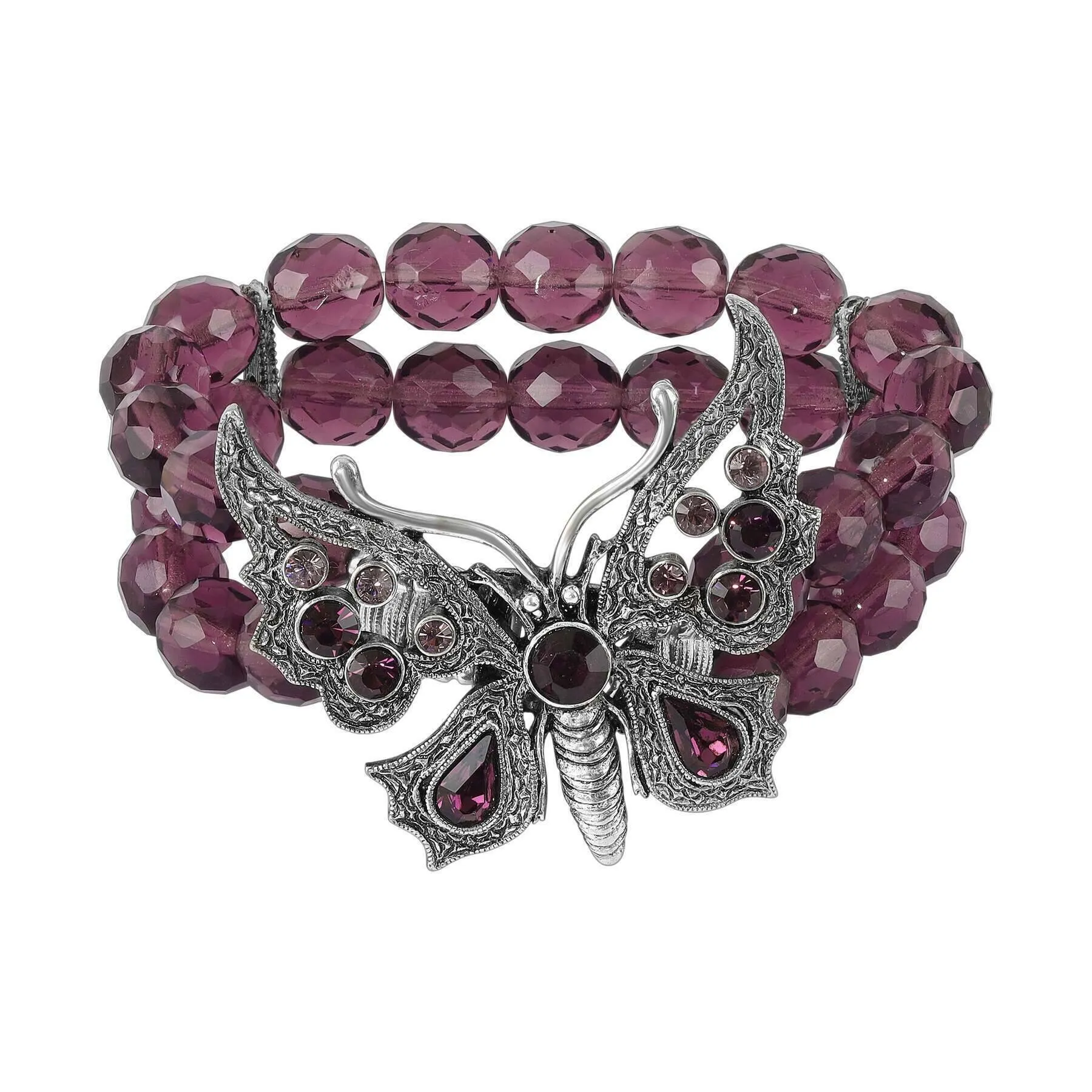 1928 Jewelry Butterfly Amethyst Crystal Fire Polished Beaded Stretch Bracelet