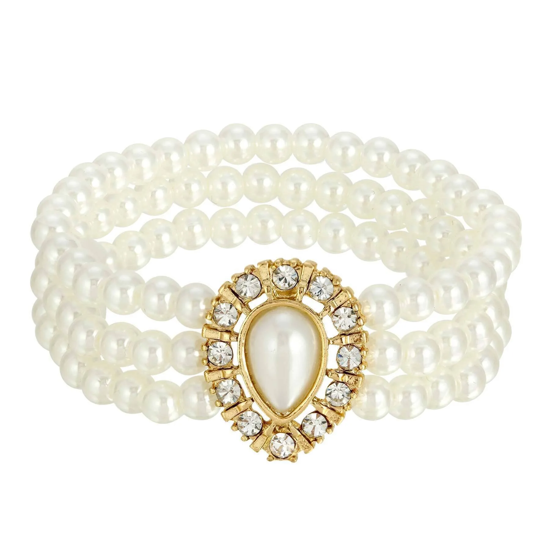 1928 Jewelry Faux Pearl With Crystal 3-Row Stretch Bracelet