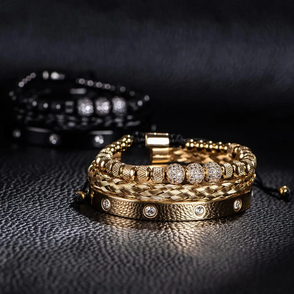 3pcs Luxury Micro Pave CZ Round Beads Royal Charm Men Bracelets Stainless Steel Crystals Bangles