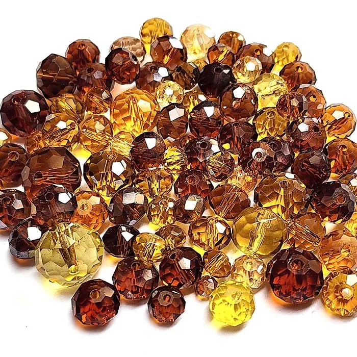 50 Grams Pkg. Brown color shade, Rondelle Faceted Crystal Mix size glass beads Size mostly encluded as 6mm, 8mm, 10mm, to some extent 4mm and 12mm mixed