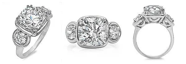 6 Carat Cushion Cut Center Round Cubic Zirconia 3 Stone Ring 14K White Gold