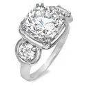 6 Carat Cushion Cut Center Round Cubic Zirconia 3 Stone Ring 14K White Gold