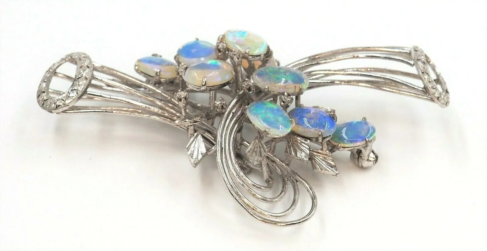 9ct White Gold Crystal Opal & Diamond Spray Style Brooch