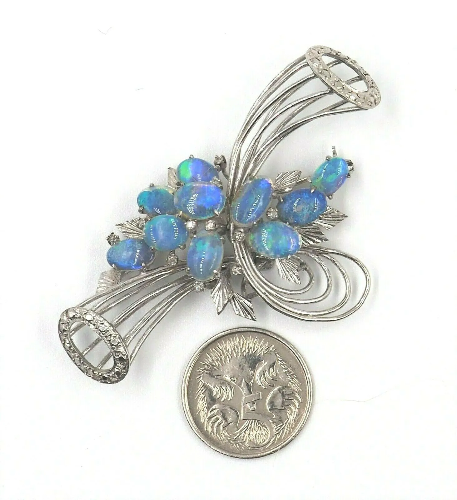 9ct White Gold Crystal Opal & Diamond Spray Style Brooch