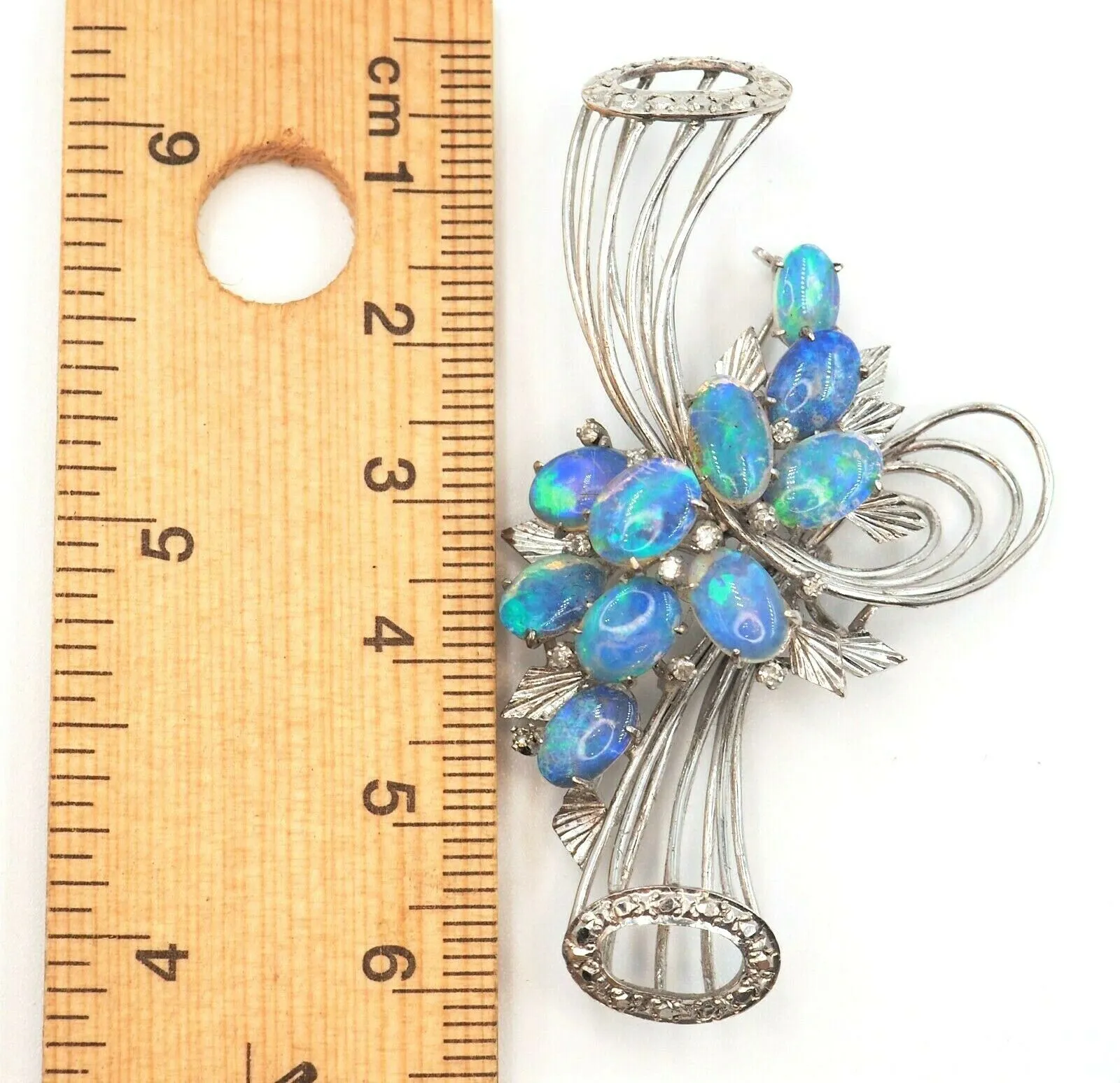 9ct White Gold Crystal Opal & Diamond Spray Style Brooch