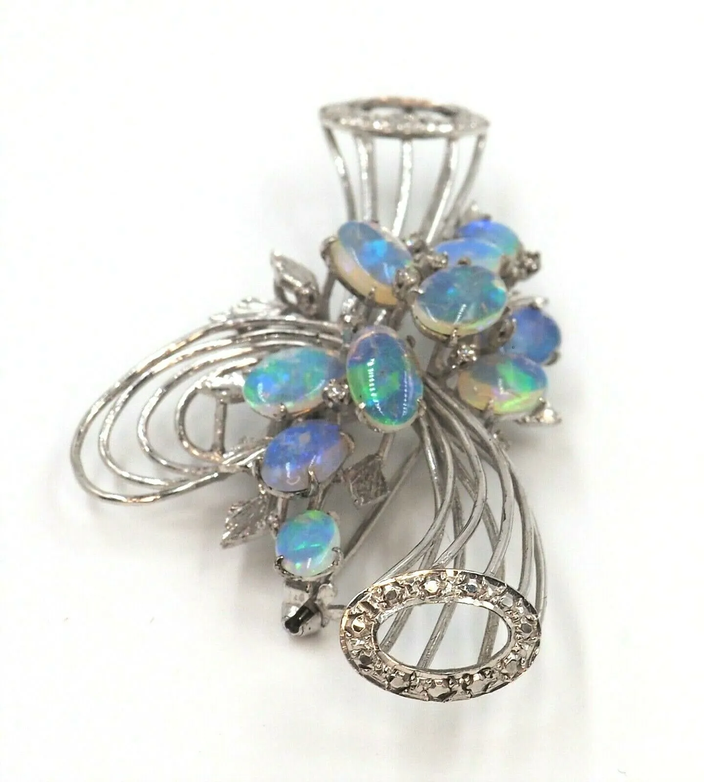 9ct White Gold Crystal Opal & Diamond Spray Style Brooch