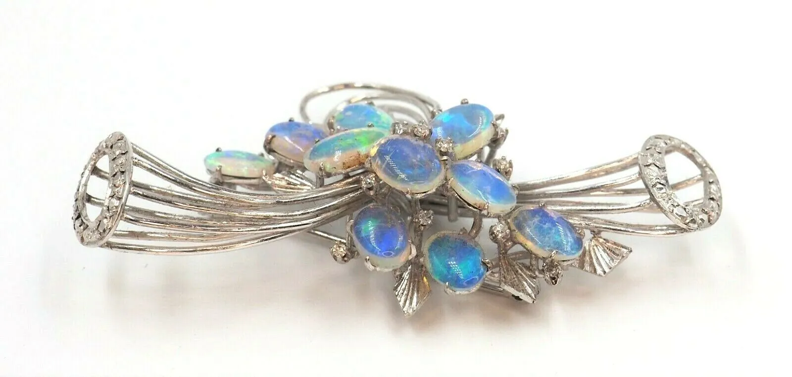 9ct White Gold Crystal Opal & Diamond Spray Style Brooch