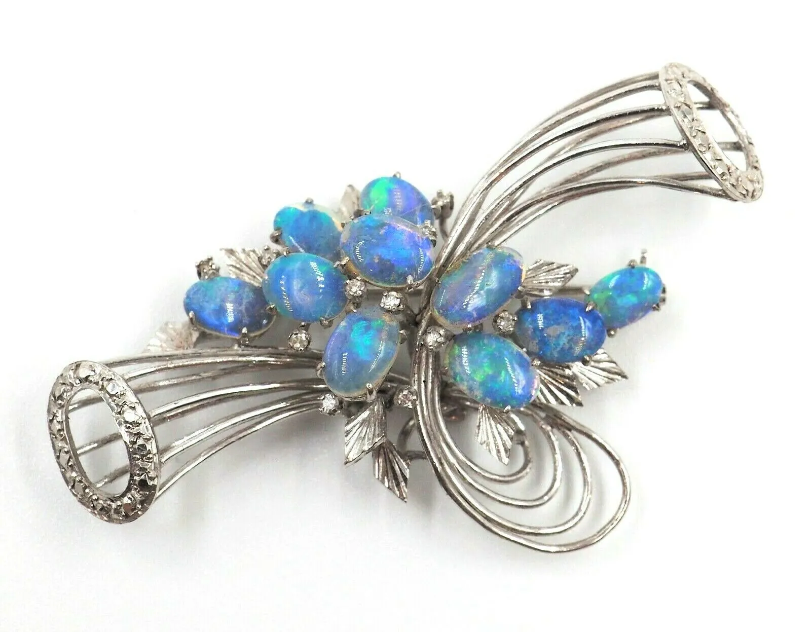 9ct White Gold Crystal Opal & Diamond Spray Style Brooch