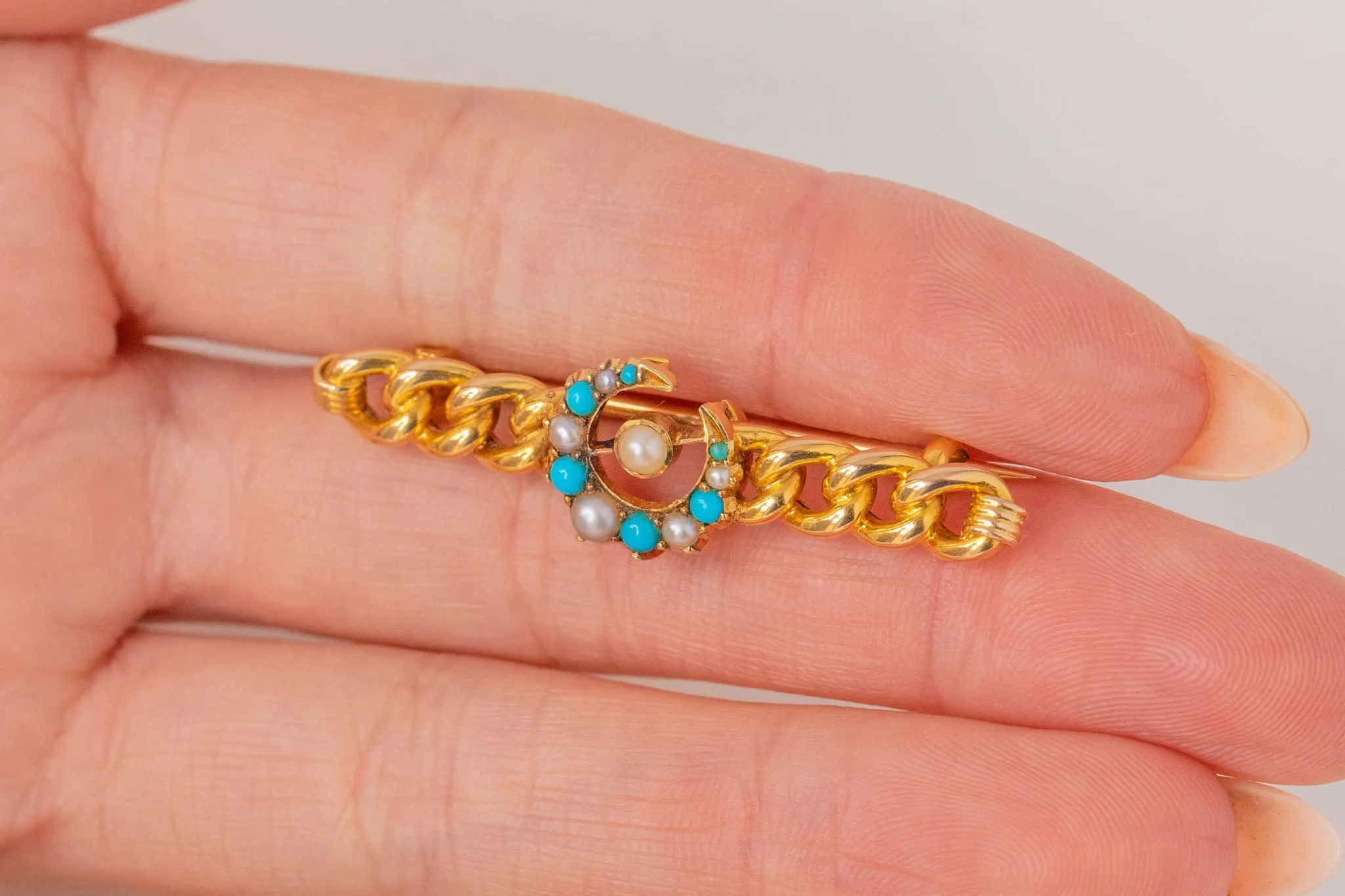 Antique 15ct Gold Turquoise Pearl Crescent Moon Bar Brooch