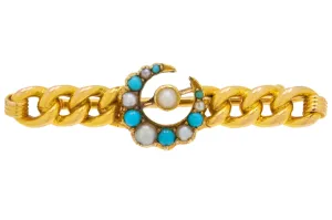 Antique 15ct Gold Turquoise Pearl Crescent Moon Bar Brooch