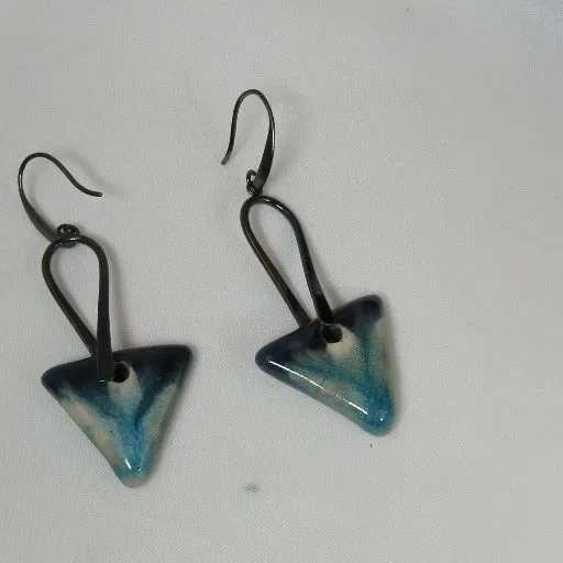 Aqua Wash Artisan Handmade Earrings Raku Glaze Gunmetal Ear Wires