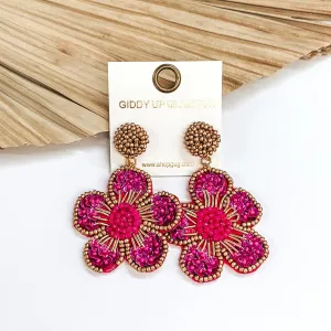 Beaded Flower Earrings in Fuchsia