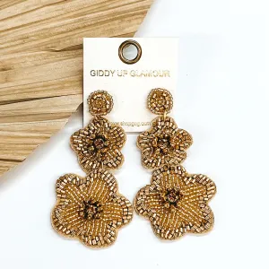 Beaded Two Tiered Flower Earrings in Gold