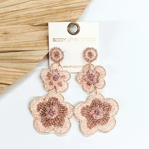 Beaded Two Tiered Flower Earrings in Light Pink