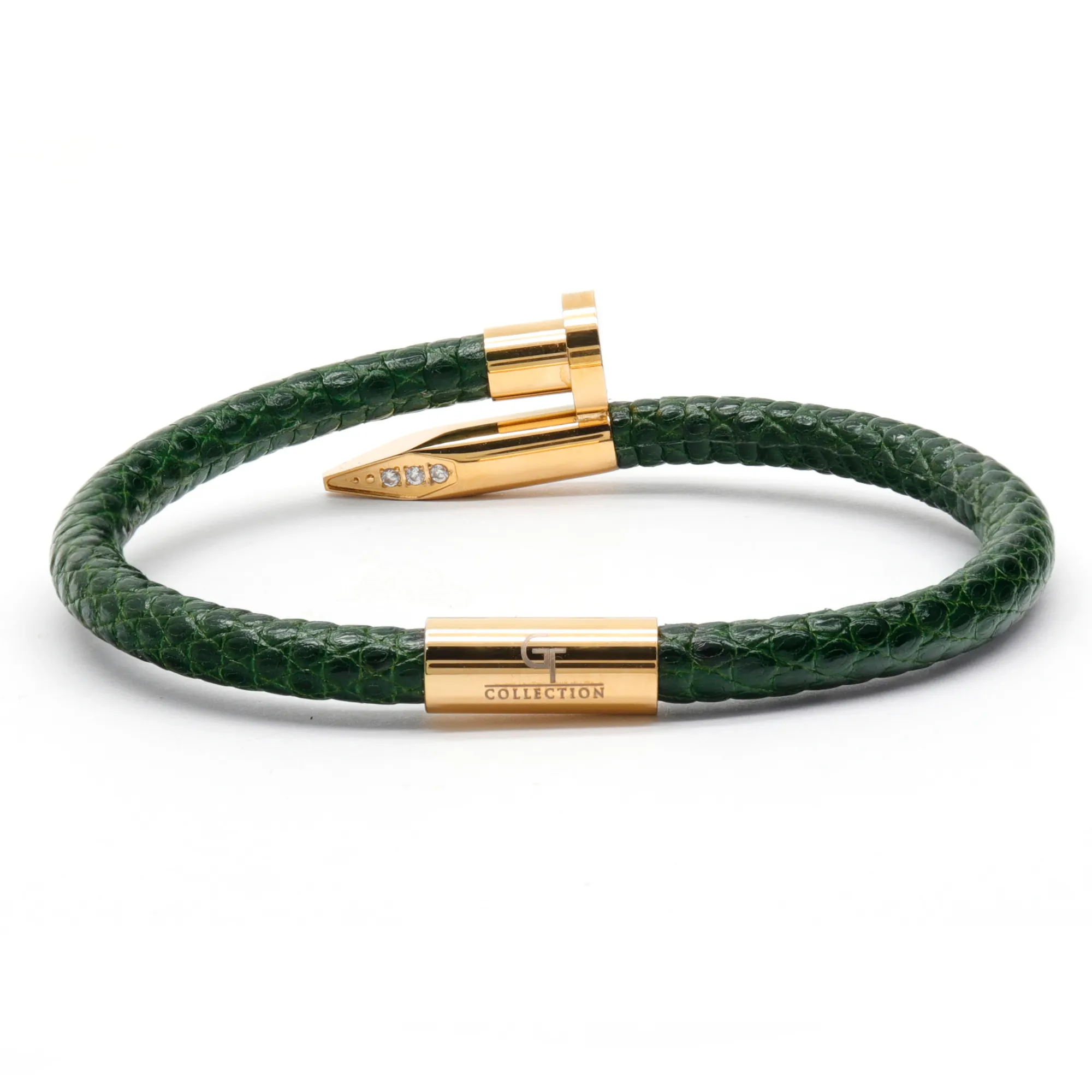 Bracelet - Green Leather with Golden Nail and Zircon