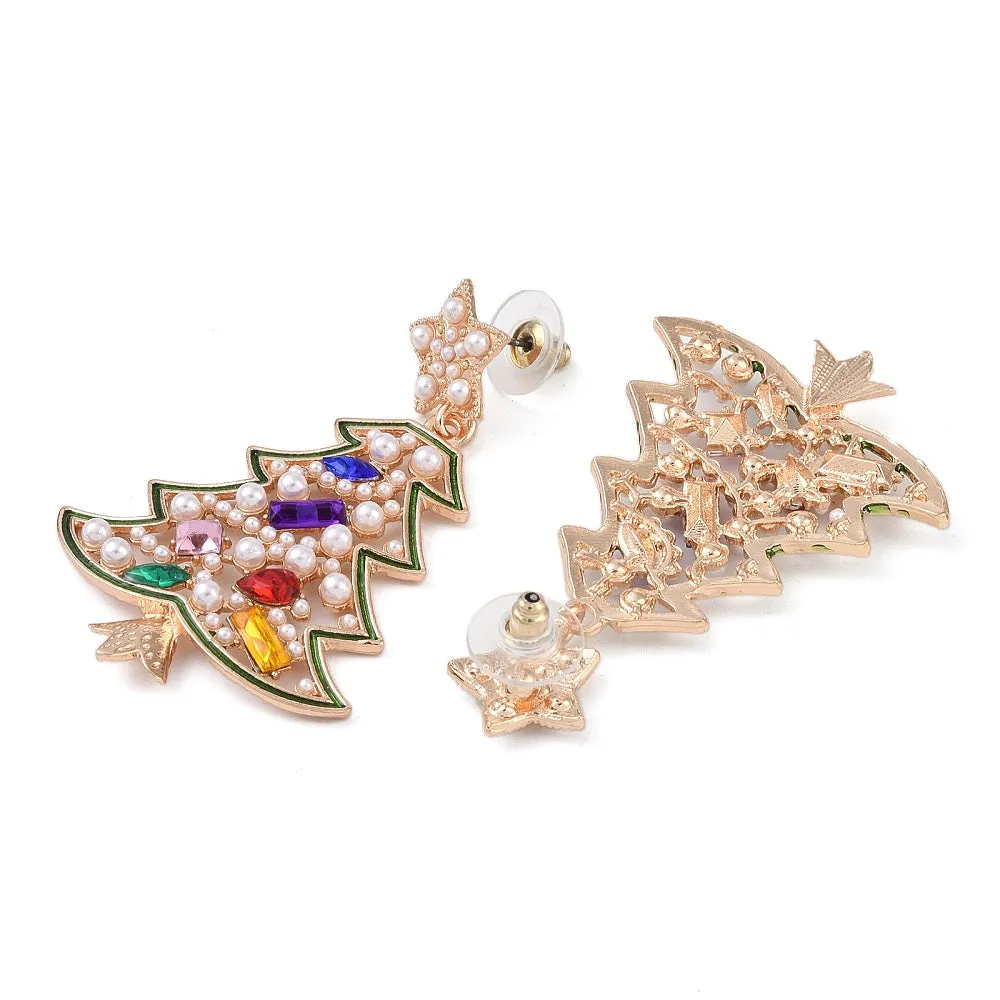 Christmas Tree Alloy Colorful Rhinestone & Plastic Pearl Dangle Stud Earrings for Women, Light Gold Size: about 36mm wide, 59mm long.