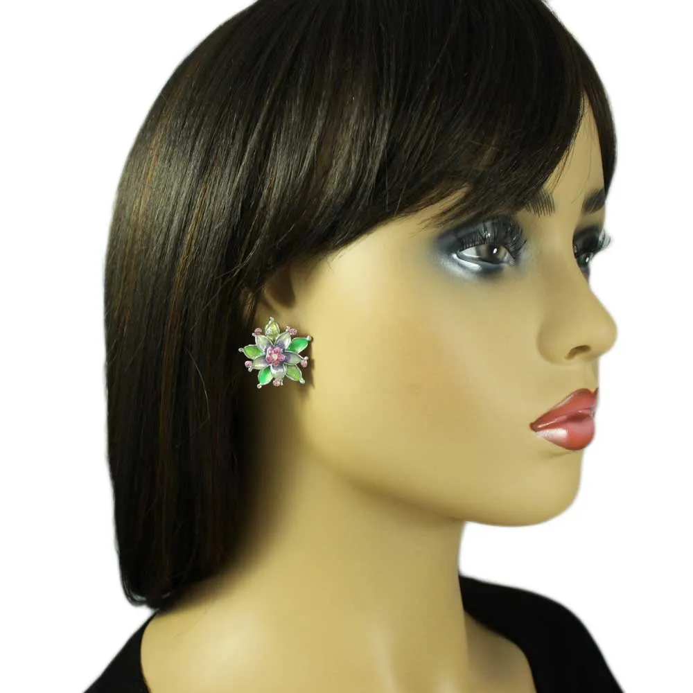 Colorful Enamel and Crystal Flower Clip Earring - RSN690EC