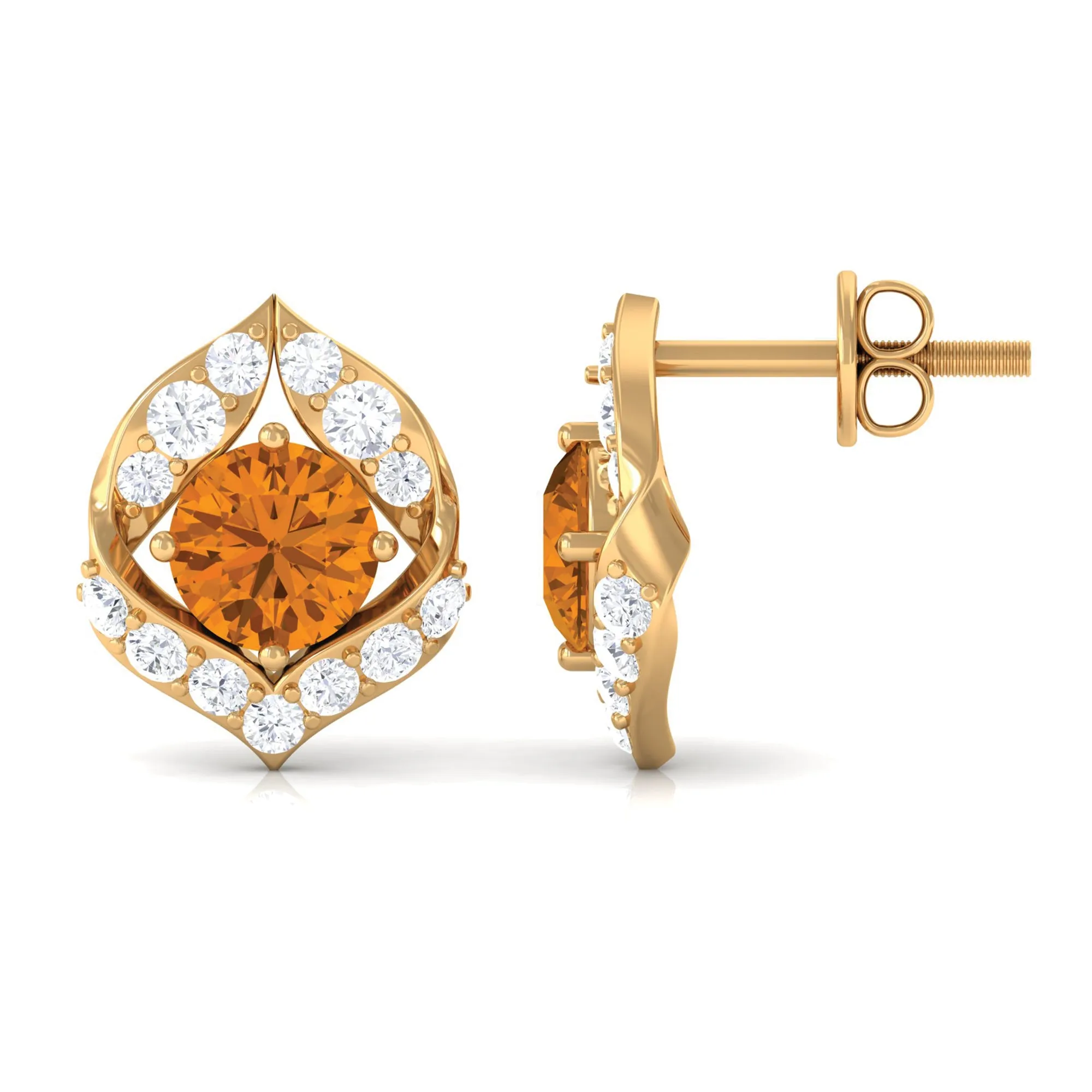 Dainty Citrine and Diamond Petal Stud Earrings