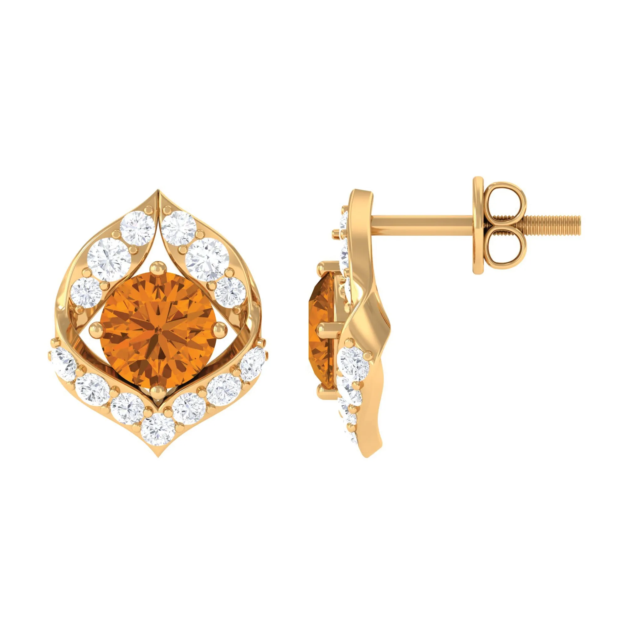 Dainty Citrine and Diamond Petal Stud Earrings