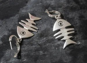 Dangling Fish Earrings - Silver Fishbone Earrings - Large Drop Earrings