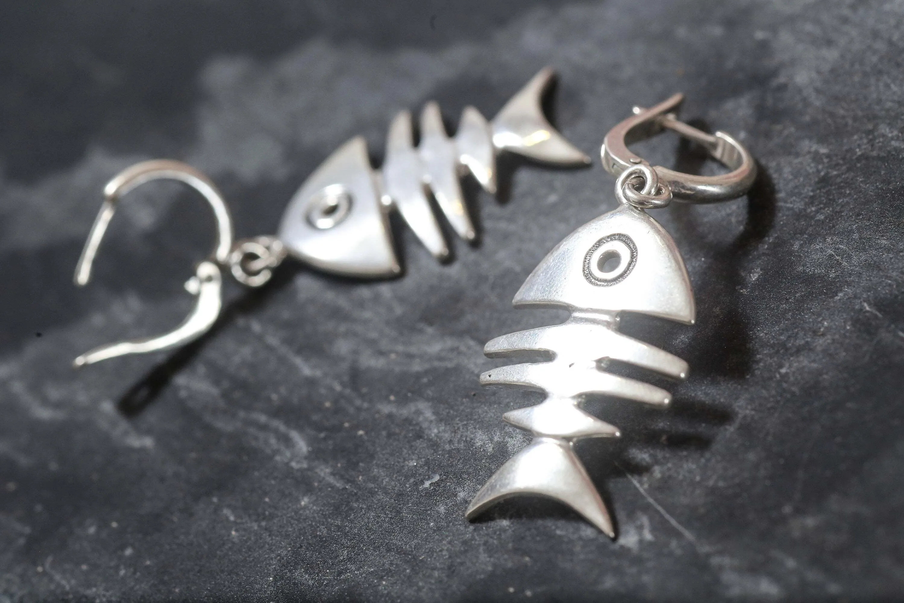 Dangling Fish Earrings - Silver Fishbone Earrings - Large Drop Earrings