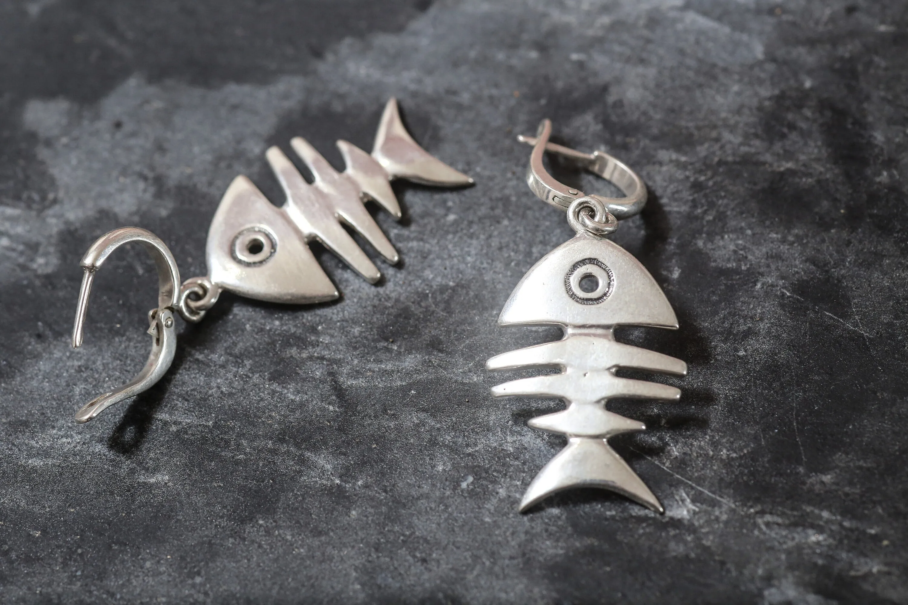 Dangling Fish Earrings - Silver Fishbone Earrings - Large Drop Earrings