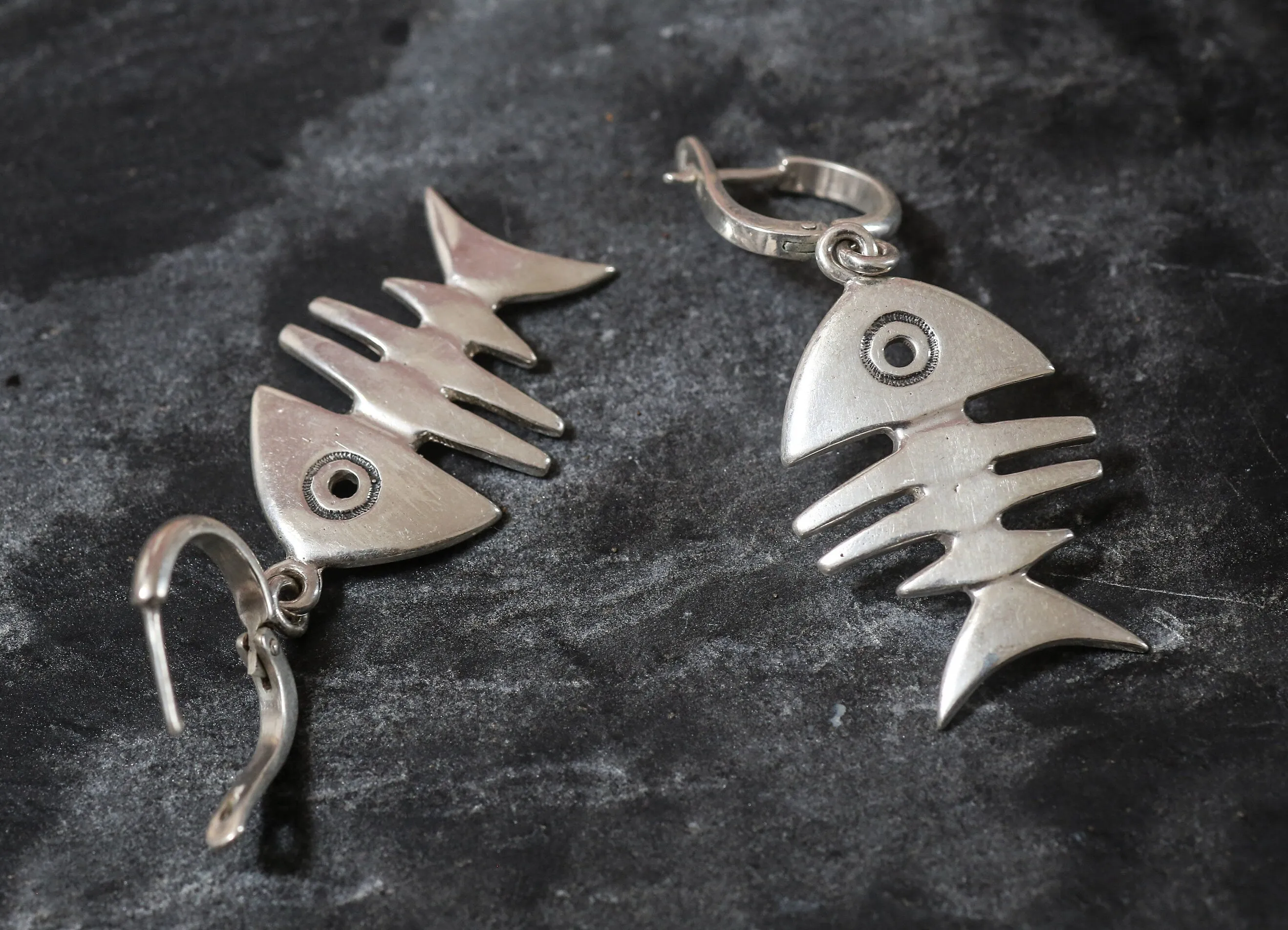 Dangling Fish Earrings - Silver Fishbone Earrings - Large Drop Earrings