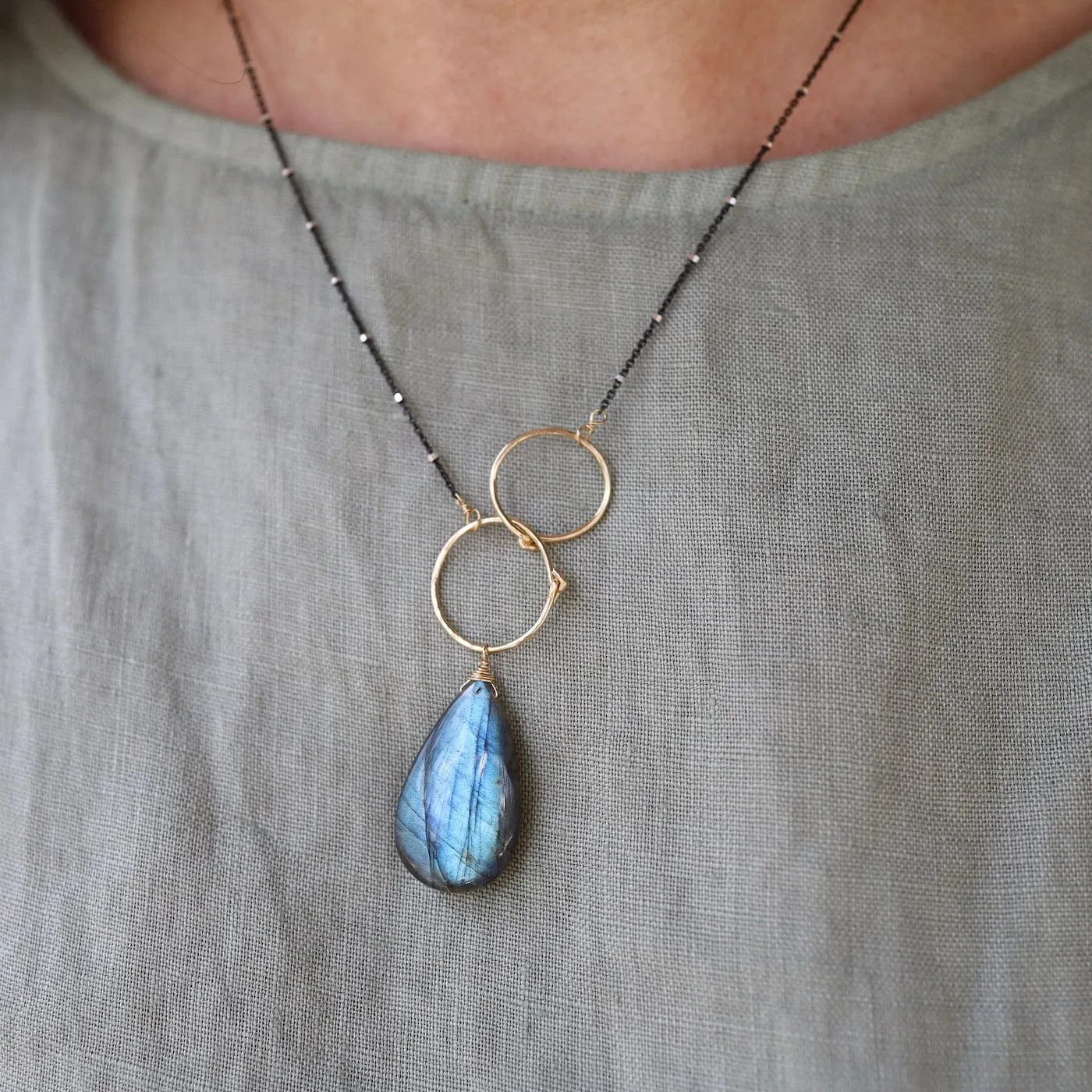 Double Gold Filled Rings with Large Labradorite Necklace