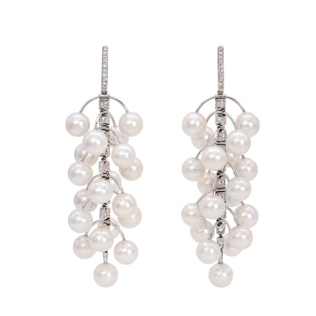 Eclat Jewels - One of a Kind Drop Earrings with Cultured Japanese Pearls and Diamonds, 18k White Gold