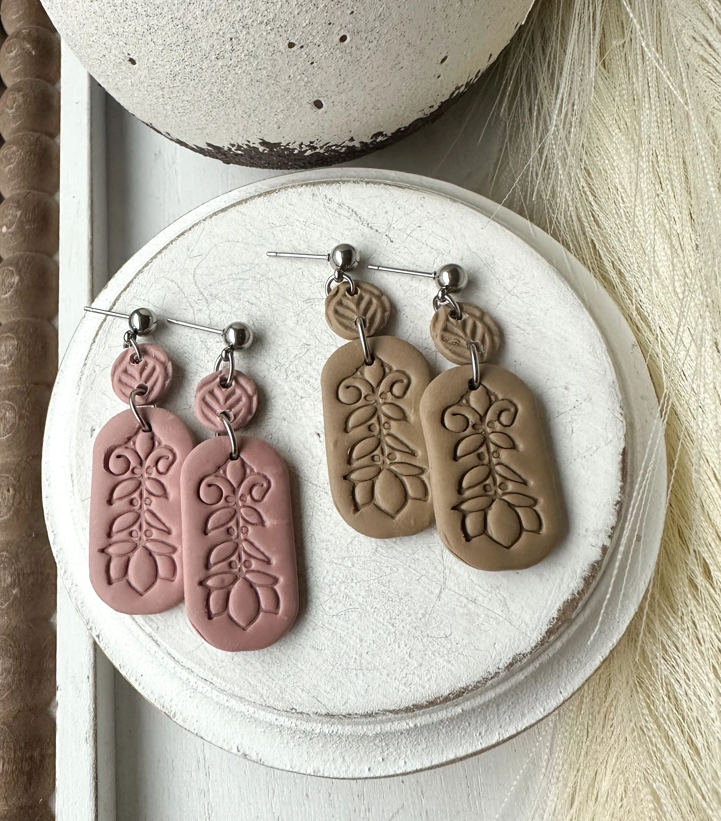 Embossed Boho Design Polymer Clay Earrings • 4 Color Options