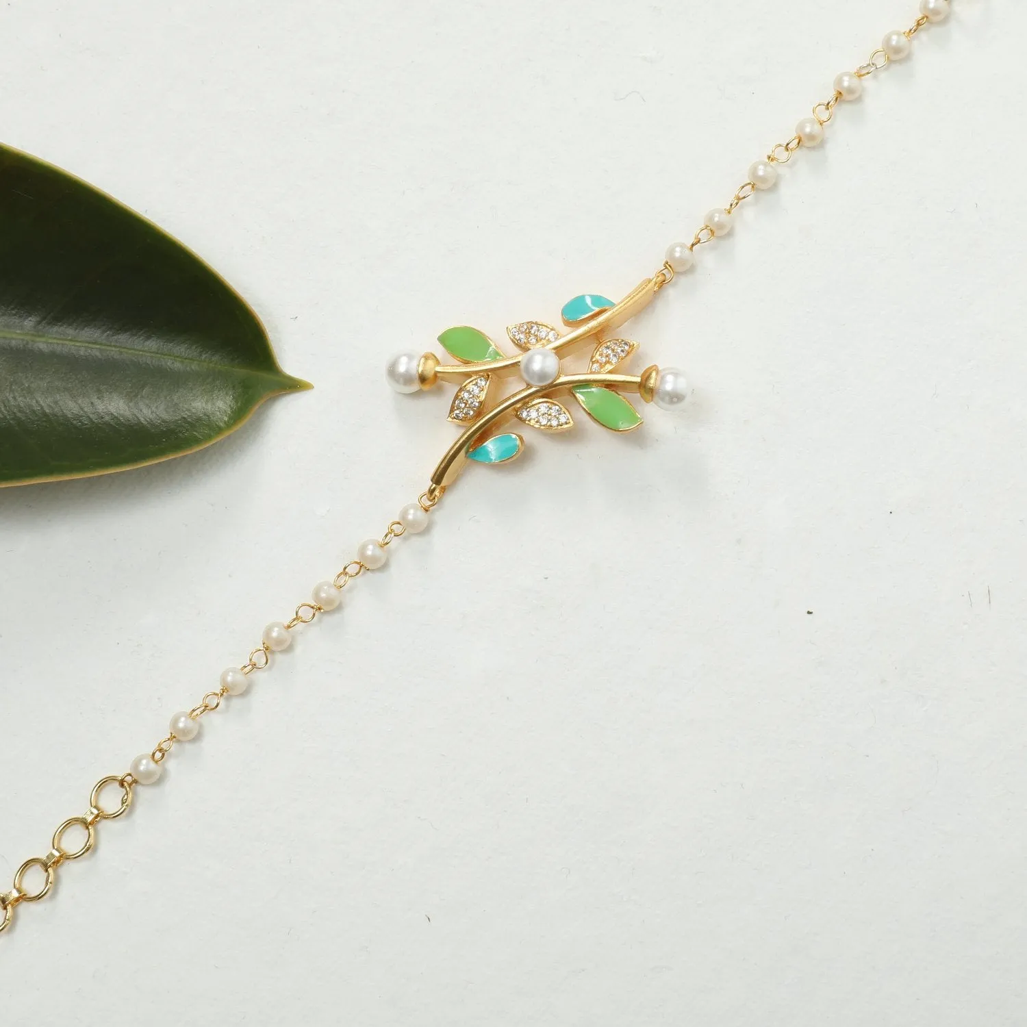 Eriha Pearl CZ Green Leaf Chain Bracelet