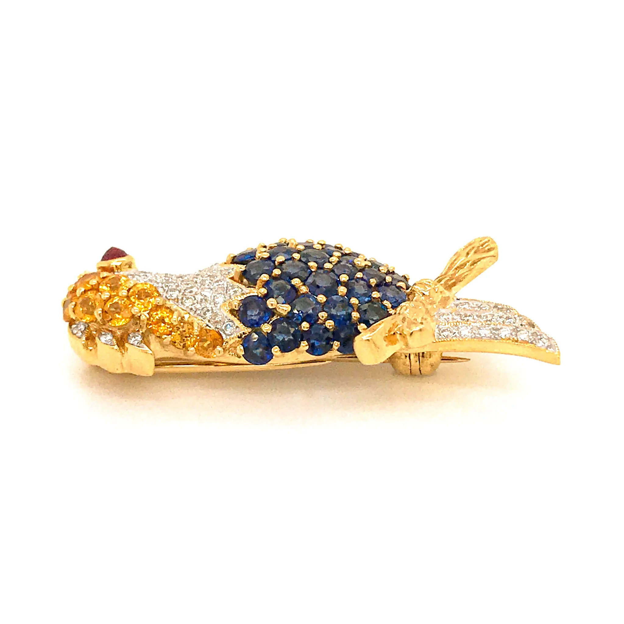 Estate 18K Yellow Gold Sapphire and Diamond Woodpecker Pin