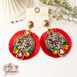 Fancy Fan Circle Beaded and Crystal Earrings in Red